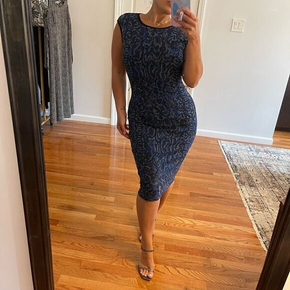 Cache Snakeskin Print Blue Bodycon Sleeveless Sweater Midi Dress | SZ S - Picture 4 of 14